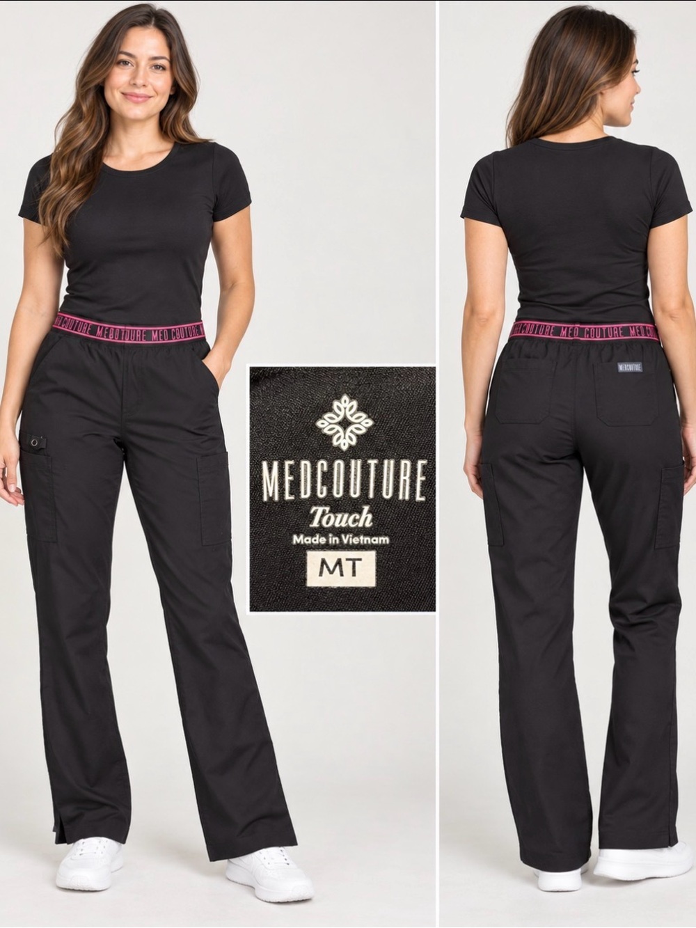 Med Couture Black Boot Cut Scrub Pants with Pink Branded Waistband